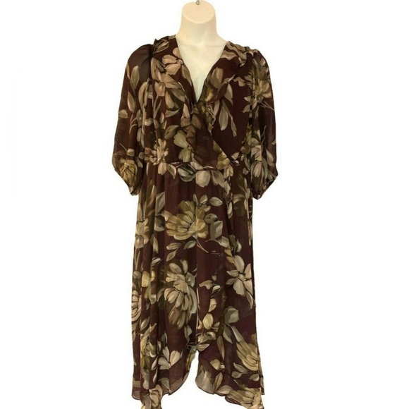Gabby Skye Dresses & Skirts - size 22W Gabby Skye Chiffon Wrap Plum Taupe Floral Puff Sleeve Midi Dress